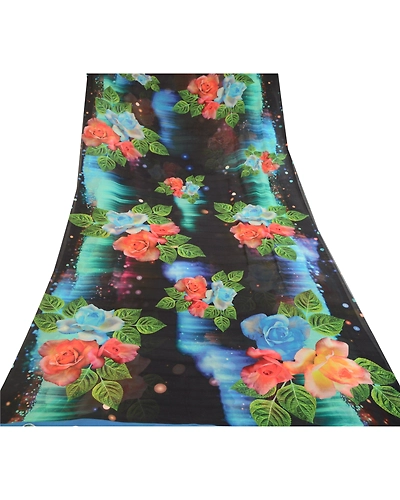 Sanskriti Vintage Sarees Black Digital Printed Georgette Sari Soft Craft Fabric, PRG-11522-Multi-Printed Floral Design-Poly Georgette-8