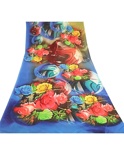 Sanskriti Vintage Sarees Blue Digital Printed Georgette Sari Floral Craft Fabric, PRG-11532-Blue-Printed Floral Design-Poly Georgette-8