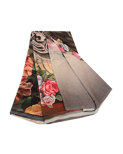 Sanskriti Vintage Sarees Gray Digital Printed Georgette Sari Soft Craft Fabric, PRG-11537-Gray-Printed Floral Design-Poly Georgette-2