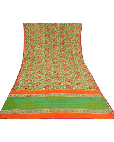 Sanskriti Vintage Sarees Green Blend Georgette Printed Sari Floral Craft Fabric, PRG-11539-Green-Printed Floral Design-Blend Georgette-8