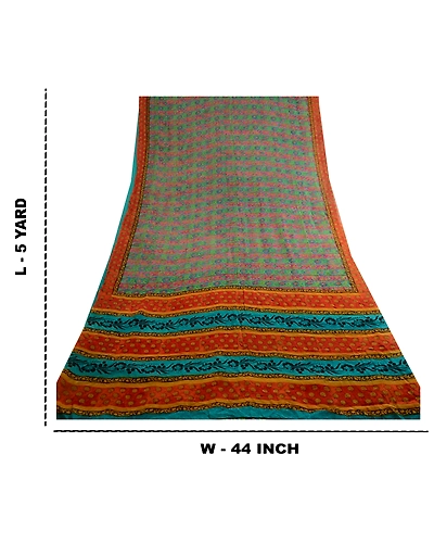 Sanskriti Vintage Sarees Green Pure Georgette Silk Printed Sari Craft 5Yd Fabric, PRG-11545-Green-Printed Floral Design-Pure Georgette Silk-3