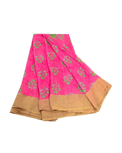 Sanskriti Vintage Sarees Pink Chiffon Printed Zari Border Sari 5Yd Craft Fabric, PRG-11566-Pink-Printed Floral Design-Poly Chiffon-2