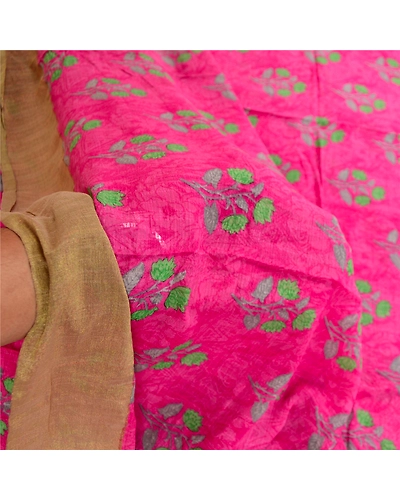 Sanskriti Vintage Sarees Pink Chiffon Printed Zari Border Sari 5Yd Craft Fabric, PRG-11566-Pink-Printed Floral Design-Poly Chiffon-5