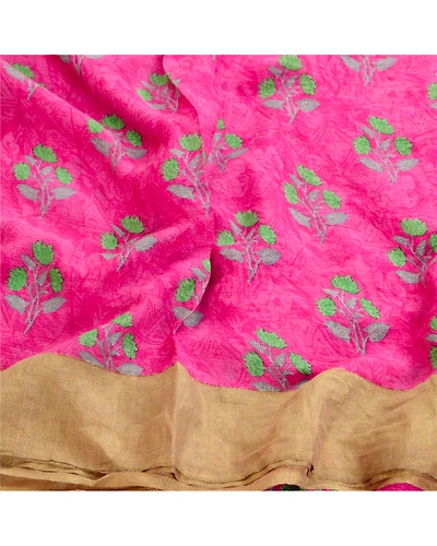Sanskriti Vintage Sarees Pink Chiffon Printed Zari Border Sari 5Yd Craft Fabric, PRG-11566-Pink-Printed Floral Design-Poly Chiffon-7