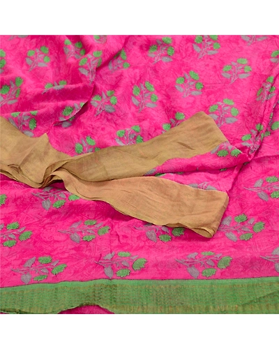 Sanskriti Vintage Sarees Pink Chiffon Printed Zari Border Sari 5Yd Craft Fabric, PRG-11566-Pink-Printed Floral Design-Poly Chiffon-8