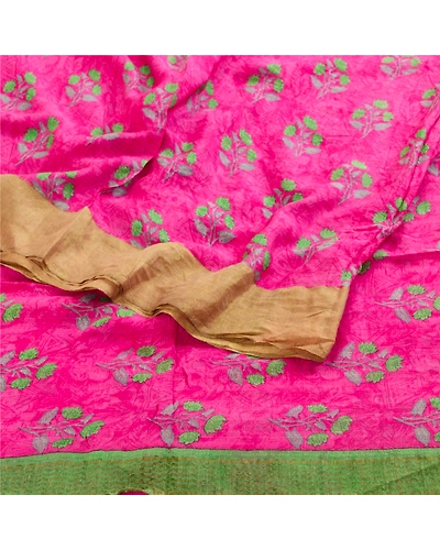Sanskriti Vintage Sarees Pink Chiffon Printed Zari Border Sari 5Yd Craft Fabric, PRG-11566-Pink-Printed Floral Design-Poly Chiffon-10