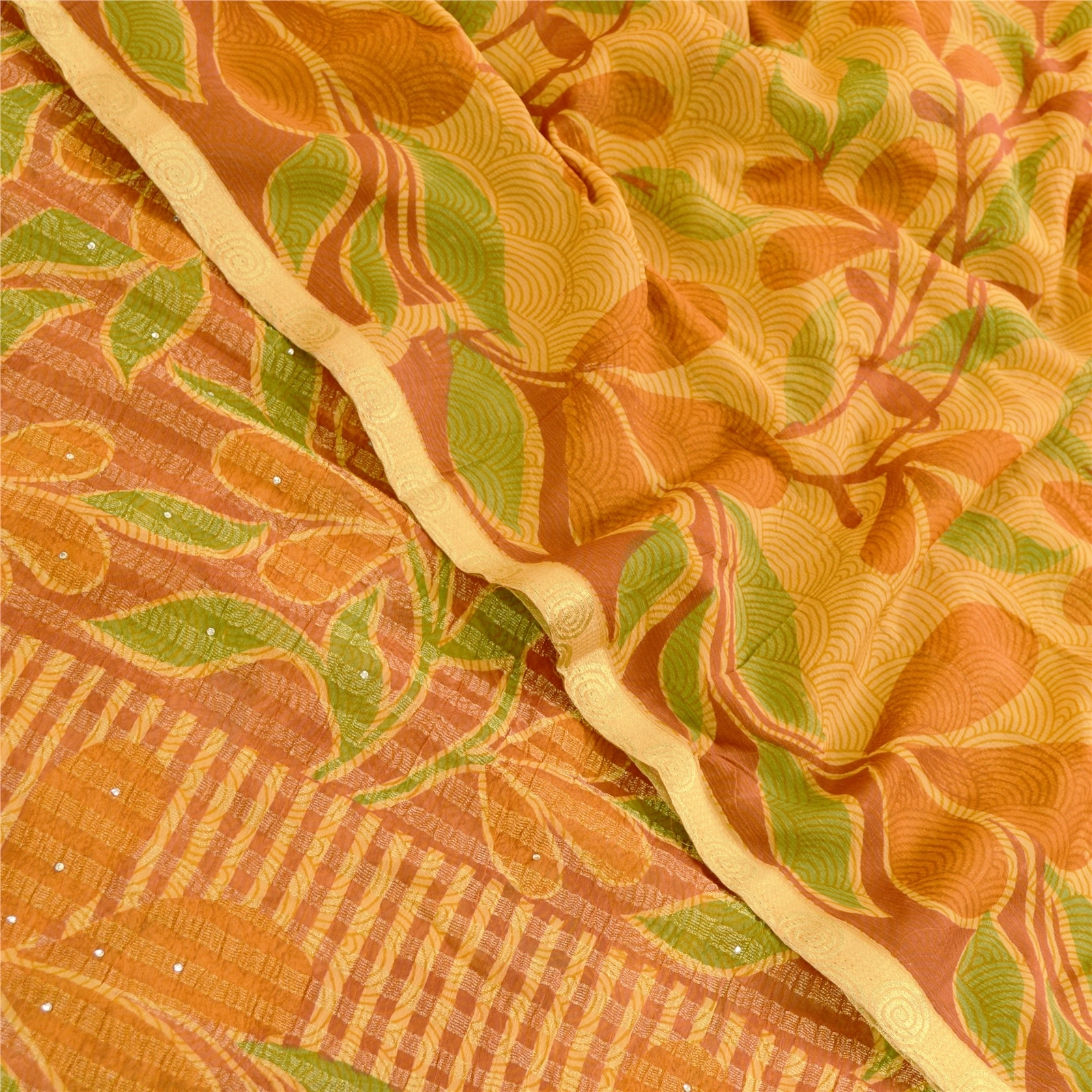 Sanskriti Vintage Sarees Mukesh Saffron Georgette Printed Sari 5Yd Craft Fabric, PRG-11674-Saffron-Printed Floral Design-Poly Georgette-1