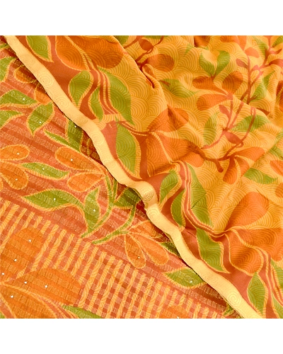 Sanskriti Vintage Sarees Mukesh Saffron Georgette Printed Sari 5Yd Craft Fabric, PRG-11674-Saffron-Printed Floral Design-Poly Georgette-1