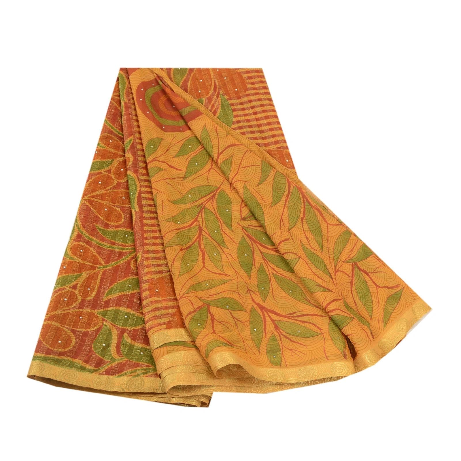 Sanskriti Vintage Sarees Mukesh Saffron Georgette Printed Sari 5Yd Craft Fabric, PRG-11674-Saffron-Printed Floral Design-Poly Georgette-2