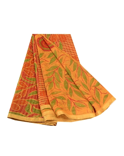 Sanskriti Vintage Sarees Mukesh Saffron Georgette Printed Sari 5Yd Craft Fabric, PRG-11674-Saffron-Printed Floral Design-Poly Georgette-2
