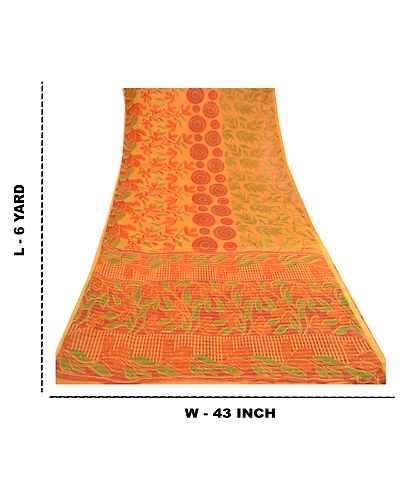 Sanskriti Vintage Sarees Mukesh Saffron Georgette Printed Sari 5Yd Craft Fabric, PRG-11674-Saffron-Printed Floral Design-Poly Georgette-3