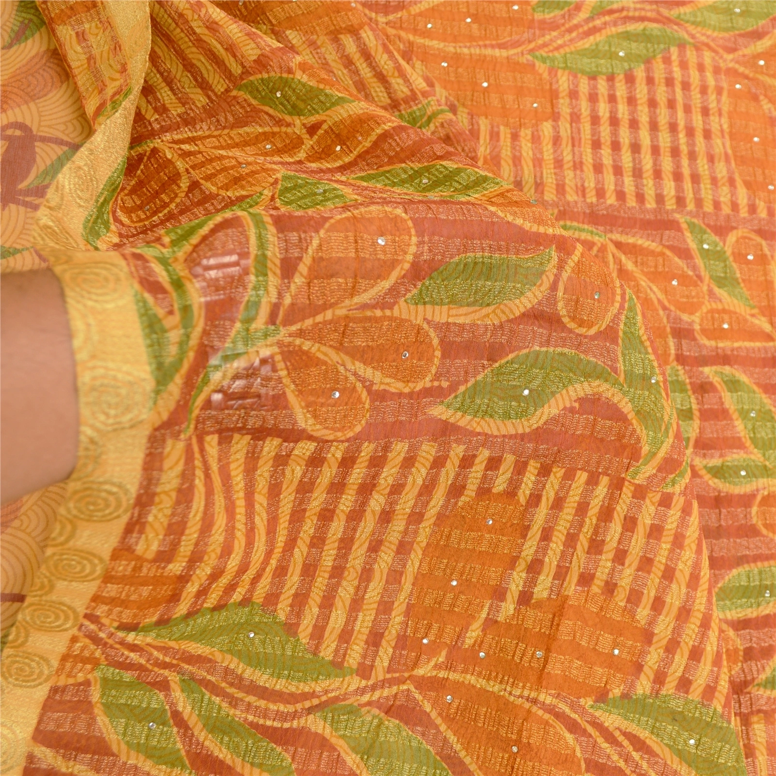 Sanskriti Vintage Sarees Mukesh Saffron Georgette Printed Sari 5Yd Craft Fabric, PRG-11674-Saffron-Printed Floral Design-Poly Georgette-4