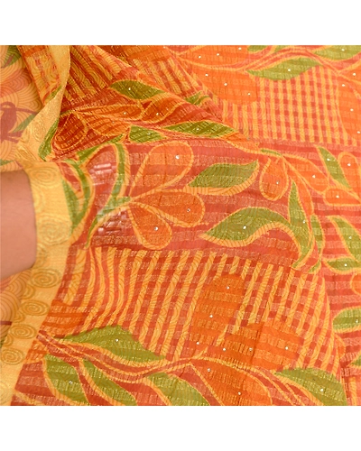 Sanskriti Vintage Sarees Mukesh Saffron Georgette Printed Sari 5Yd Craft Fabric, PRG-11674-Saffron-Printed Floral Design-Poly Georgette-4