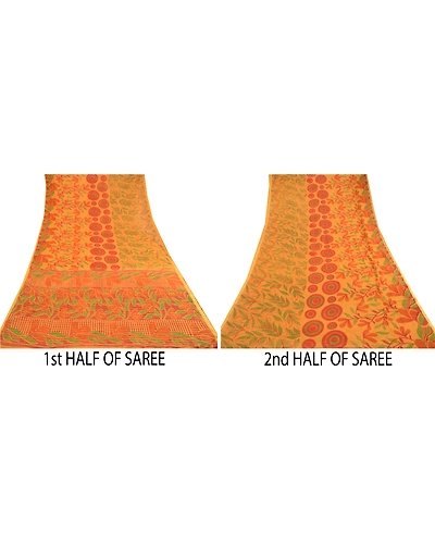 Sanskriti Vintage Sarees Mukesh Saffron Georgette Printed Sari 5Yd Craft Fabric, PRG-11674-Saffron-Printed Floral Design-Poly Georgette-5