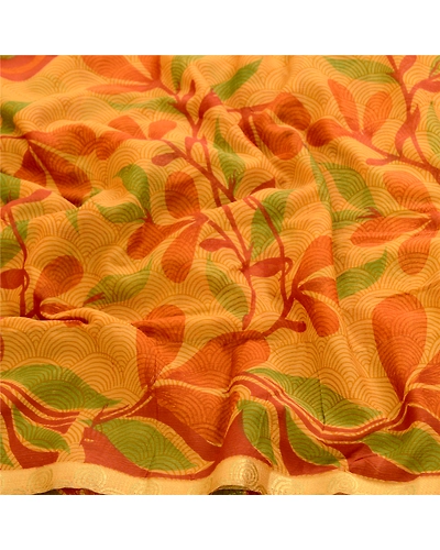Sanskriti Vintage Sarees Mukesh Saffron Georgette Printed Sari 5Yd Craft Fabric, PRG-11674-Saffron-Printed Floral Design-Poly Georgette-6