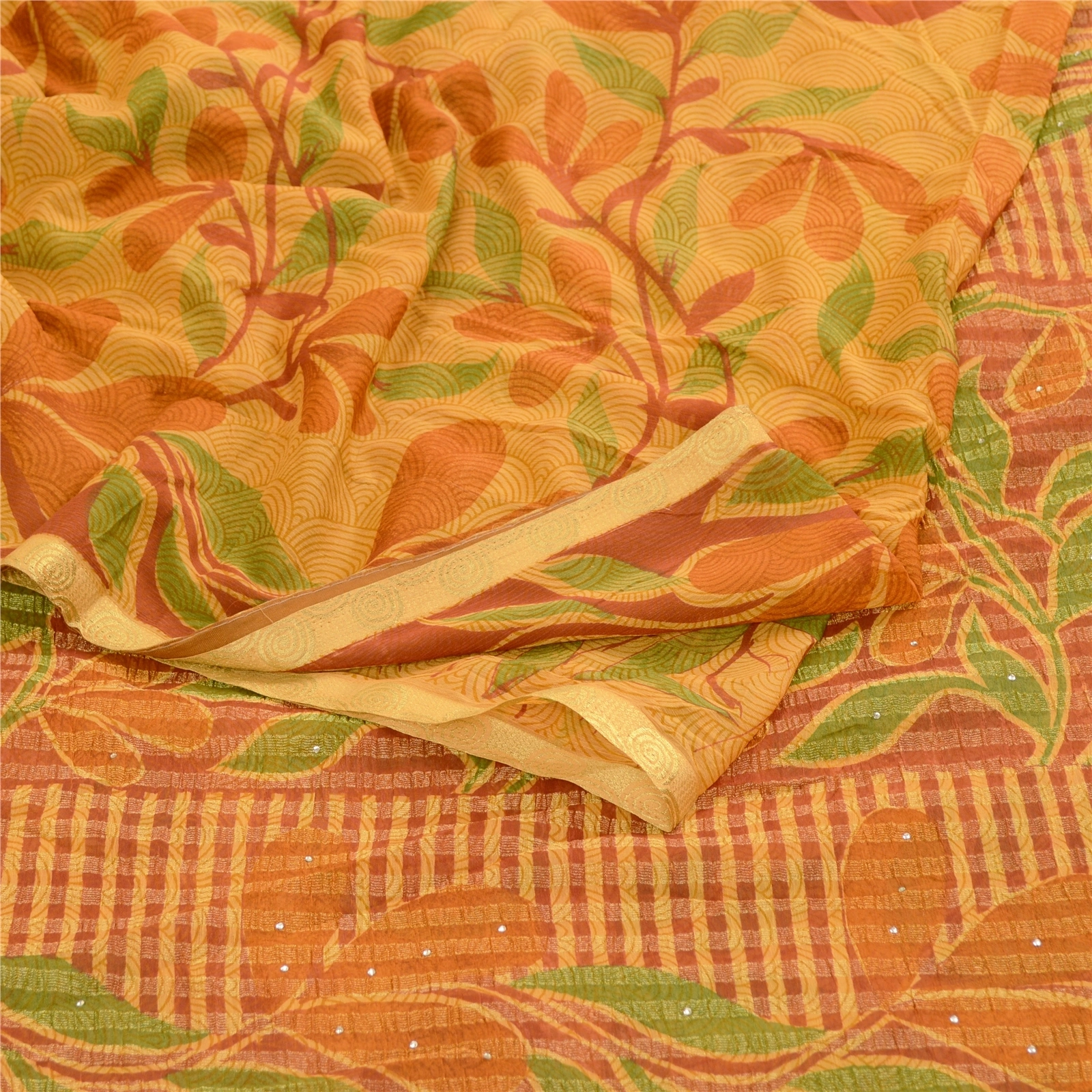 Sanskriti Vintage Sarees Mukesh Saffron Georgette Printed Sari 5Yd Craft Fabric, PRG-11674-Saffron-Printed Floral Design-Poly Georgette-7