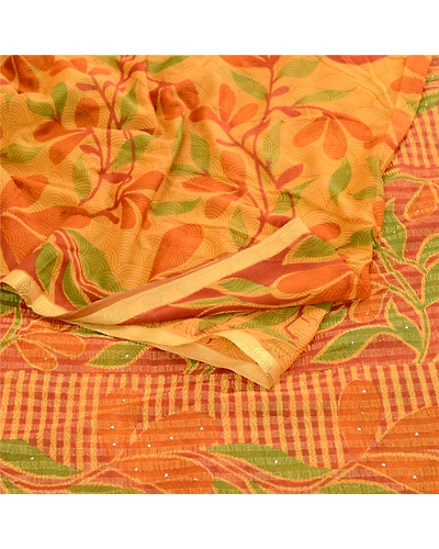 Sanskriti Vintage Sarees Mukesh Saffron Georgette Printed Sari 5Yd Craft Fabric, PRG-11674-Saffron-Printed Floral Design-Poly Georgette-7
