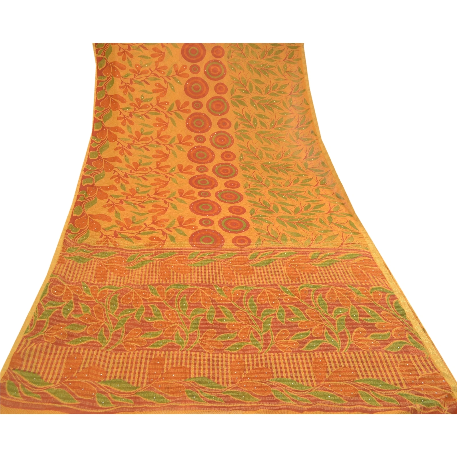 Sanskriti Vintage Sarees Mukesh Saffron Georgette Printed Sari 5Yd Craft Fabric, PRG-11674-Saffron-Printed Floral Design-Poly Georgette-8