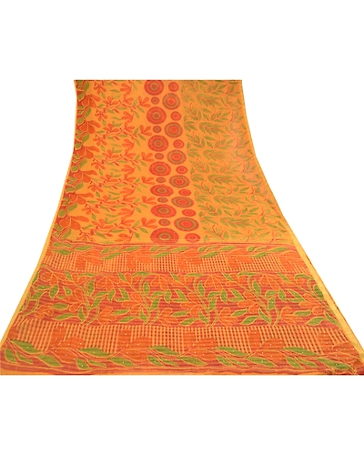 Sanskriti Vintage Sarees Mukesh Saffron Georgette Printed Sari 5Yd Craft Fabric, PRG-11674-Saffron-Printed Floral Design-Poly Georgette-8