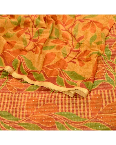 Sanskriti Vintage Sarees Mukesh Saffron Georgette Printed Sari 5Yd Craft Fabric, PRG-11674-Saffron-Printed Floral Design-Poly Georgette-9