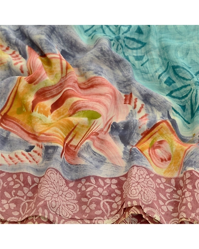 Sanskriti Vintage Sarees Sea-Green Pure Georgette Silk Printed Sari Craft Fabric, PRG-11686-Sea-Green-Printed Floral Design-Pure Georgette Silk-6