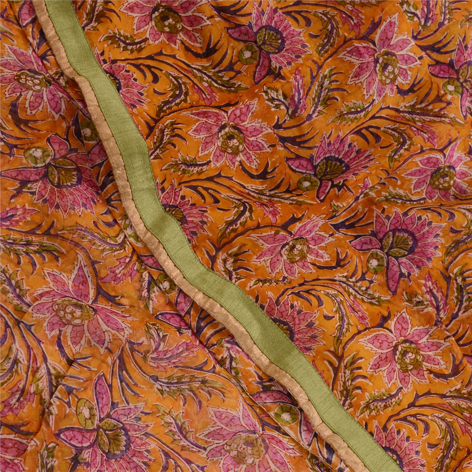 Sanskriti Vintage Sarees Saffron Printed Pure Georgette Silk Sari Craft Fabric, PRG-11692-Saffron-Printed Floral Design-Pure Georgette Silk-1