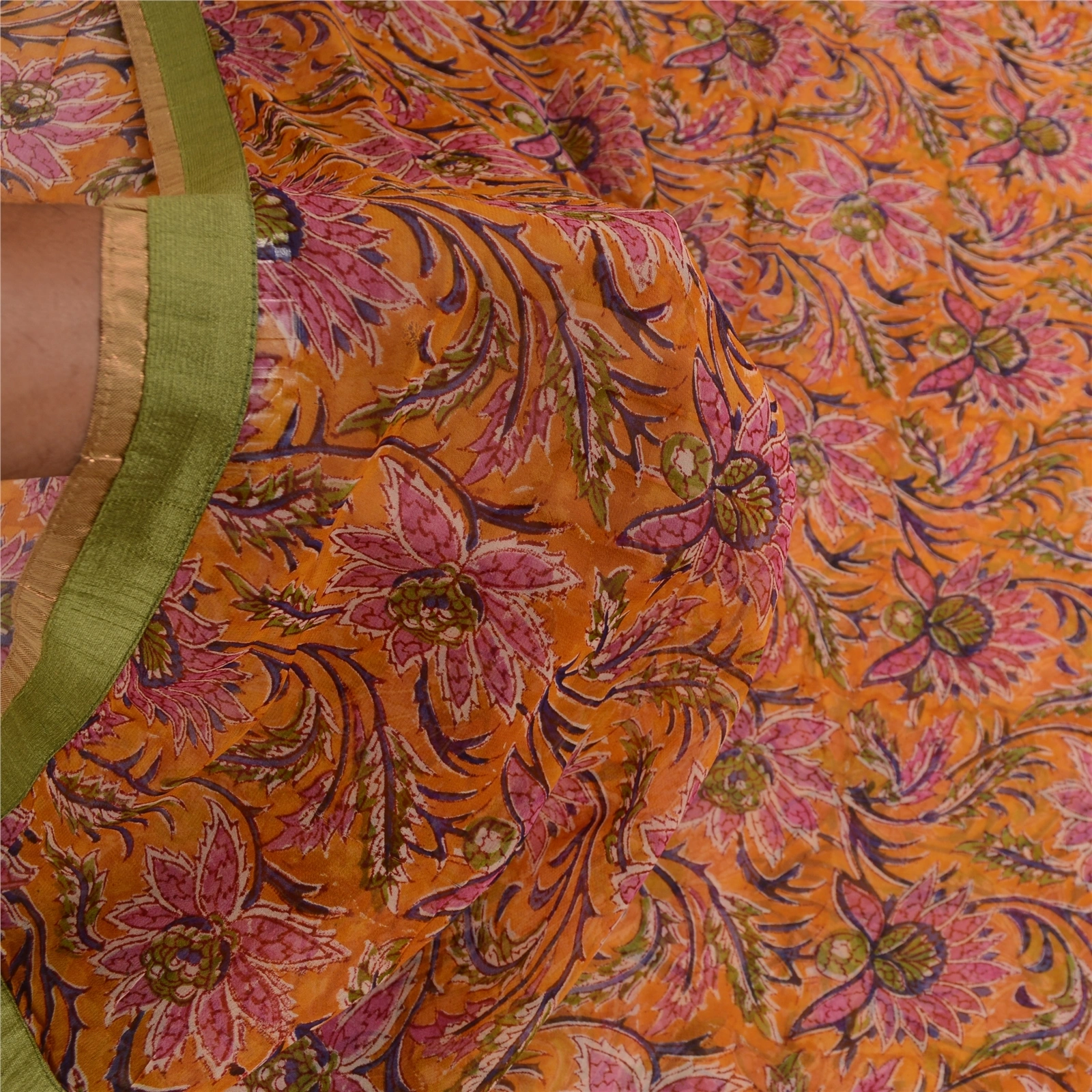 Sanskriti Vintage Sarees Saffron Printed Pure Georgette Silk Sari Craft Fabric, PRG-11692-Saffron-Printed Floral Design-Pure Georgette Silk-4