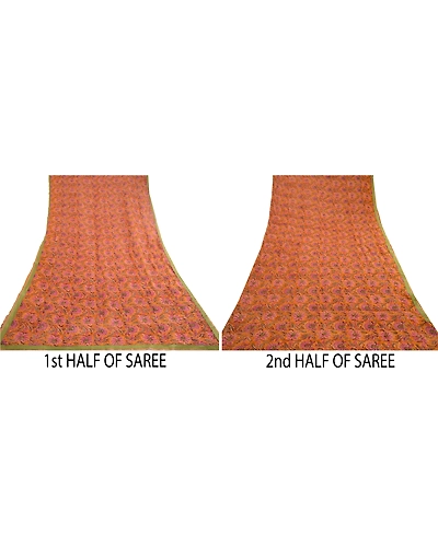 Sanskriti Vintage Sarees Saffron Printed Pure Georgette Silk Sari Craft Fabric, PRG-11692-Saffron-Printed Floral Design-Pure Georgette Silk-5
