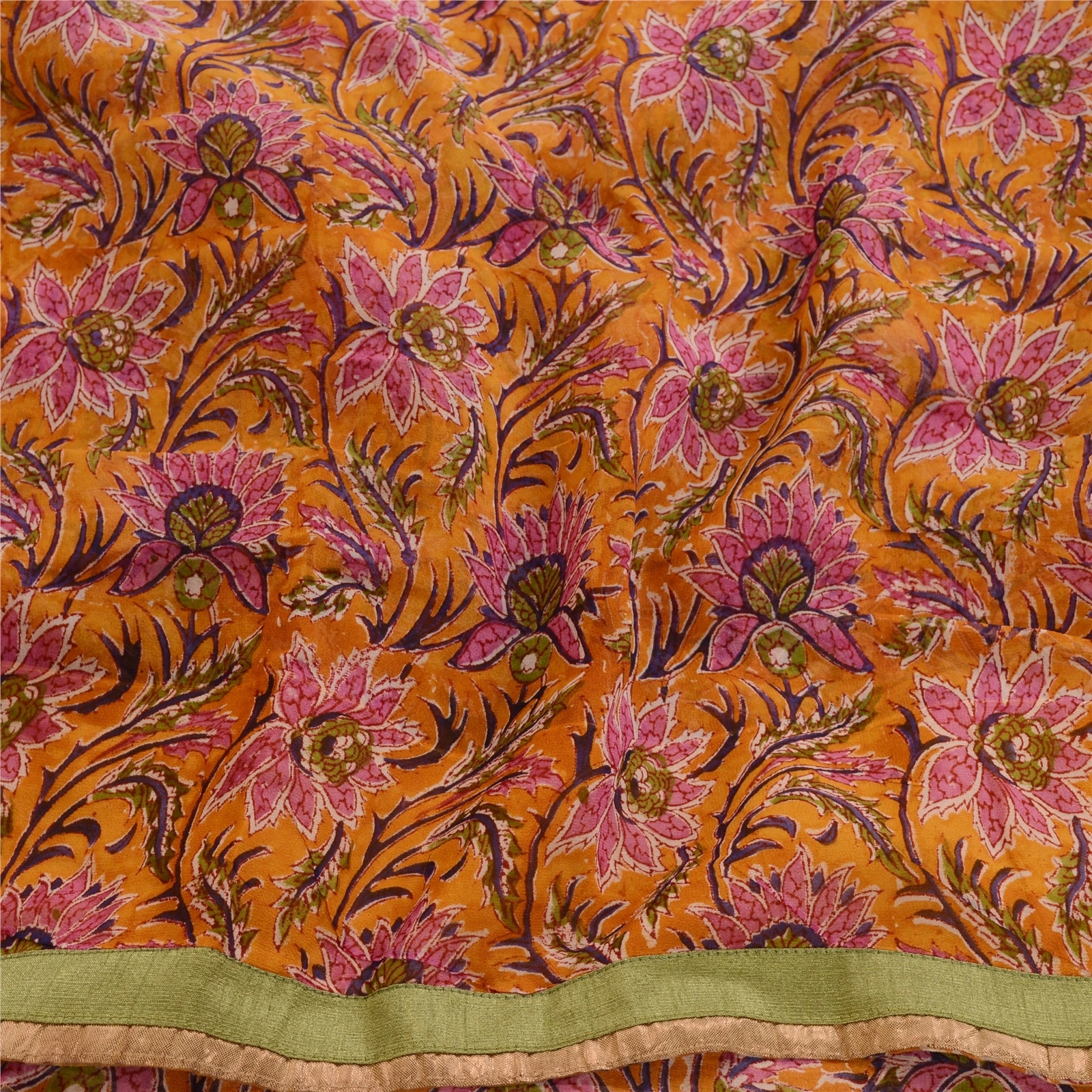 Sanskriti Vintage Sarees Saffron Printed Pure Georgette Silk Sari Craft Fabric, PRG-11692-Saffron-Printed Floral Design-Pure Georgette Silk-6