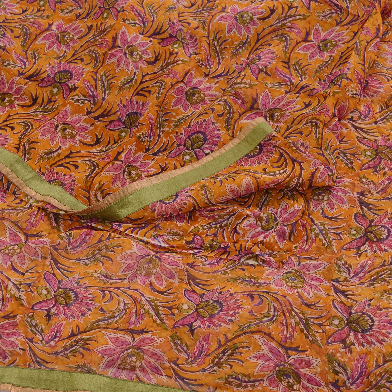 Sanskriti Vintage Sarees Saffron Printed Pure Georgette Silk Sari Craft Fabric, PRG-11692-Saffron-Printed Floral Design-Pure Georgette Silk-9