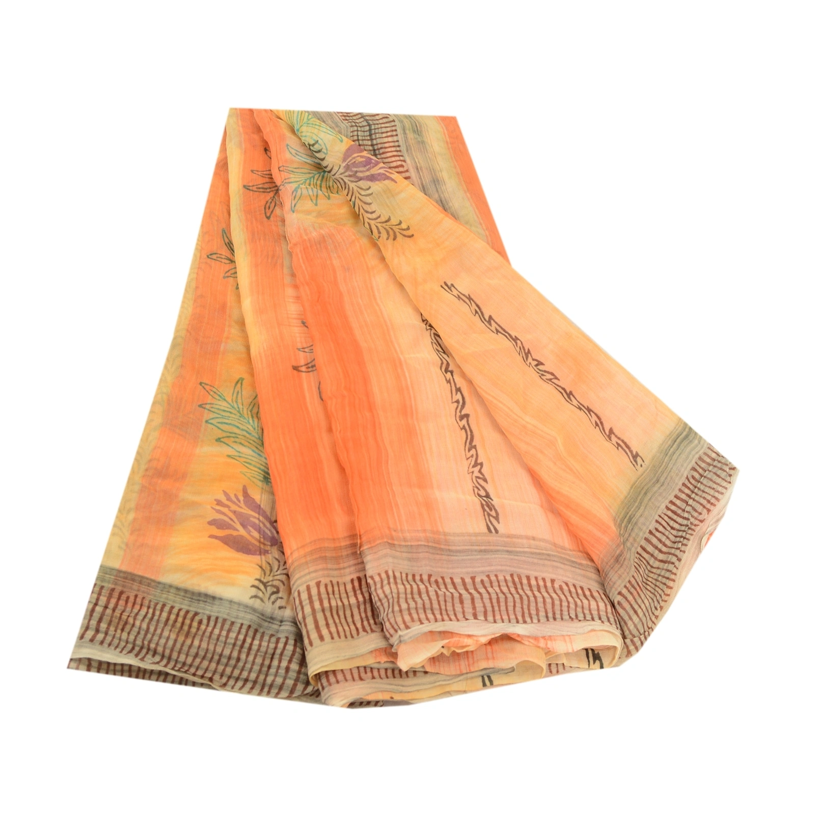 Sanskriti Vintage Peach Sarees Blend Georgette Printed Sari Craft 5 Yard Fabric, PRG-11718-Shade Of Peach &amp; Orange-Printed Floral Design-Blend Georgette-2