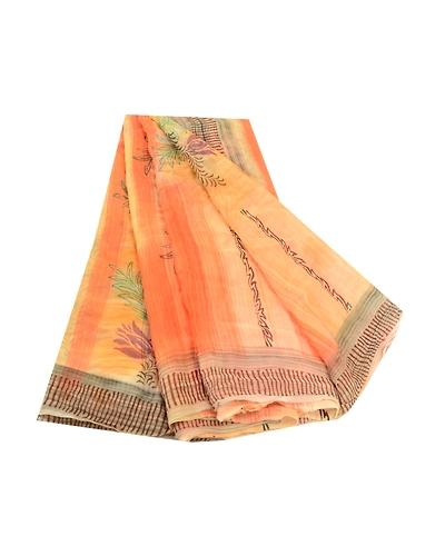 Sanskriti Vintage Peach Sarees Blend Georgette Printed Sari Craft 5 Yard Fabric, PRG-11718-Shade Of Peach &amp; Orange-Printed Floral Design-Blend Georgette-2
