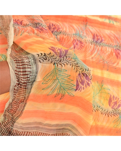 Sanskriti Vintage Peach Sarees Blend Georgette Printed Sari Craft 5 Yard Fabric, PRG-11718-Shade Of Peach &amp; Orange-Printed Floral Design-Blend Georgette-5