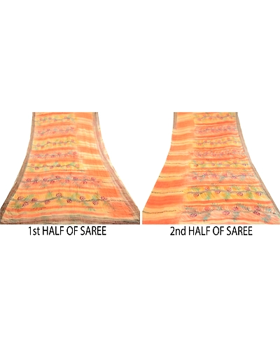 Sanskriti Vintage Peach Sarees Blend Georgette Printed Sari Craft 5 Yard Fabric, PRG-11718-Shade Of Peach &amp; Orange-Printed Floral Design-Blend Georgette-6