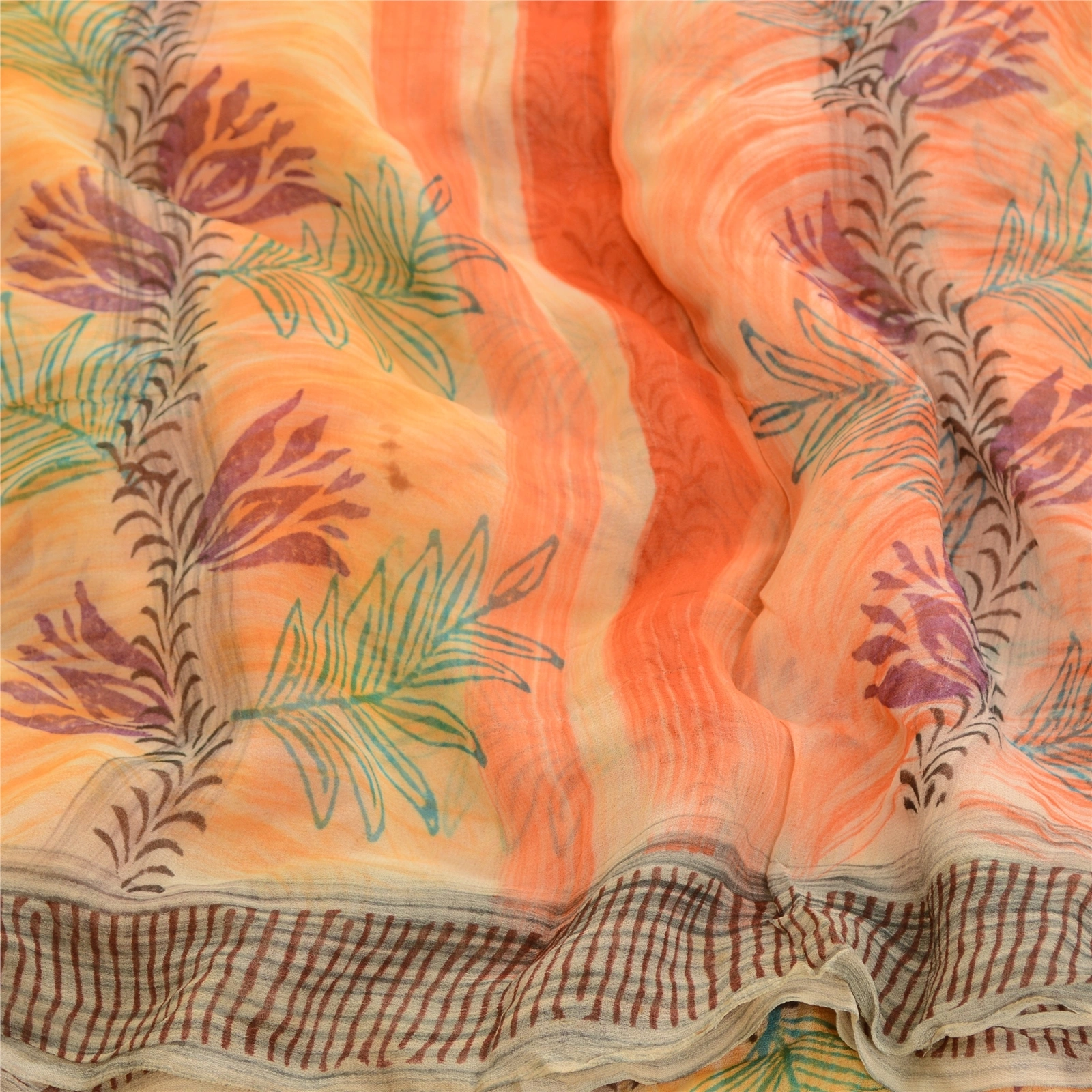 Sanskriti Vintage Peach Sarees Blend Georgette Printed Sari Craft 5 Yard Fabric, PRG-11718-Shade Of Peach &amp; Orange-Printed Floral Design-Blend Georgette-7