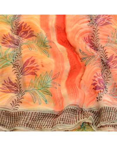 Sanskriti Vintage Peach Sarees Blend Georgette Printed Sari Craft 5 Yard Fabric, PRG-11718-Shade Of Peach &amp; Orange-Printed Floral Design-Blend Georgette-7