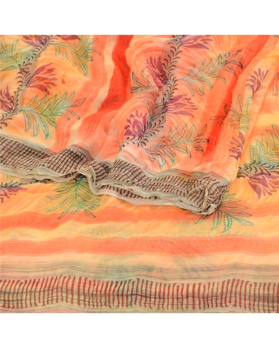 Sanskriti Vintage Peach Sarees Blend Georgette Printed Sari Craft 5 Yard Fabric, PRG-11718-Shade Of Peach &amp; Orange-Printed Floral Design-Blend Georgette-8