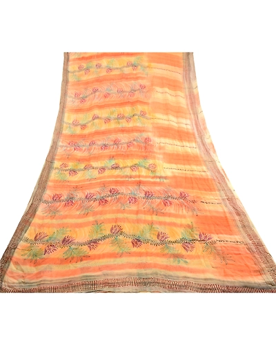 Sanskriti Vintage Peach Sarees Blend Georgette Printed Sari Craft 5 Yard Fabric, PRG-11718-Shade Of Peach &amp; Orange-Printed Floral Design-Blend Georgette-9