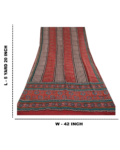 Sanskriti Vintage Dark Red Sarees Pure Georgette Silk Printed Sari Craft Fabric, PRG-11719-Dark Red-Printed Floral Design-Pure Georgette Silk-3