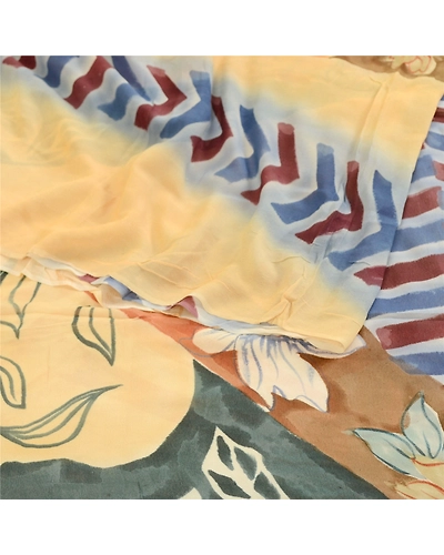 Sanskriti Vintage Sarees Cream Blend Georgette Printed Sari Floral Craft Fabric, PRG-11728-Cream-Printed Floral Design-Blend Georgette-7