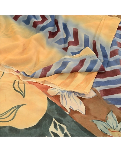 Sanskriti Vintage Sarees Cream Blend Georgette Printed Sari Floral Craft Fabric, PRG-11728-Cream-Printed Floral Design-Blend Georgette-9