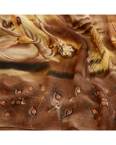 Sanskriti Vintage Sarees Brown Women Digital Printed Georgette Sari Craft Fabric, PRG-11730-Brown-Printed Floral Design-Poly Georgette-7