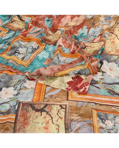Sanskriti Vintage Sarees Multi Pure Georgette Silk Printed Sari 5Yd Craft Fabric, PRG-11738-Multi-Printed Floral Design-Pure Georgette Silk-9