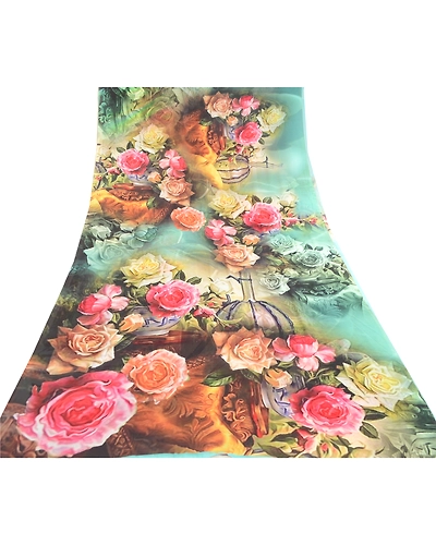 Sanskriti Vintage Sarees Sea-Green Digital Printed Georgette Sari Craft Fabric, PRG-11749-Sea-Green-Printed Floral Design-Poly Georgette-8