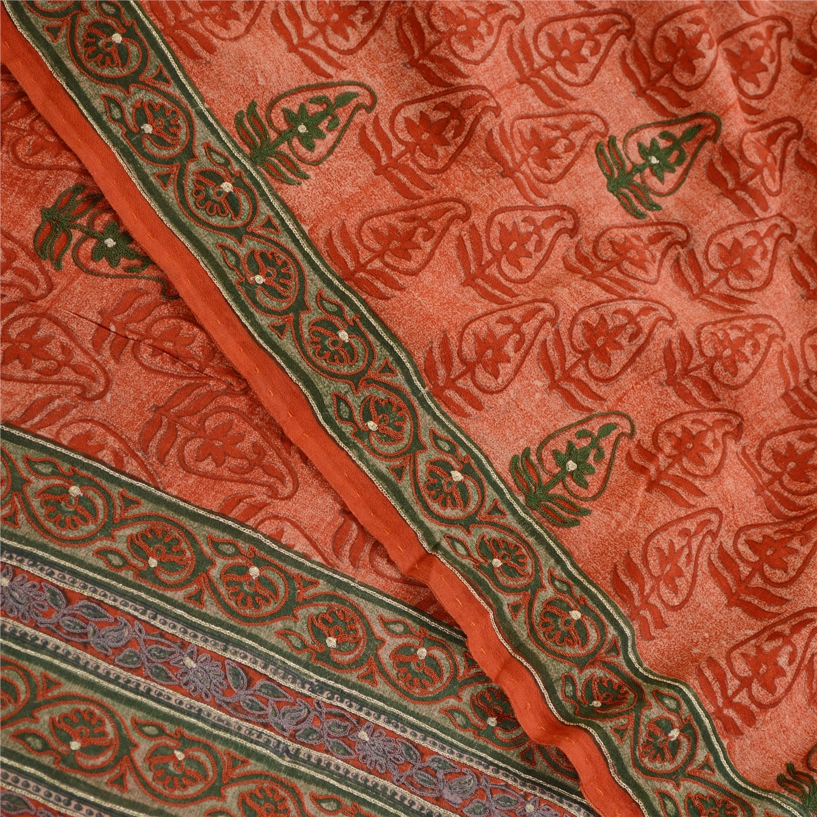 Sanskriti Vintage Sarees Red Embroidered Pure Geogette Silk Printed Sari Fabric, PRG-11801-Red-Printed Floral Design-Pure Georgette Silk-1