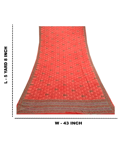 Sanskriti Vintage Sarees Red Embroidered Pure Geogette Silk Printed Sari Fabric, PRG-11801-Red-Printed Floral Design-Pure Georgette Silk-3