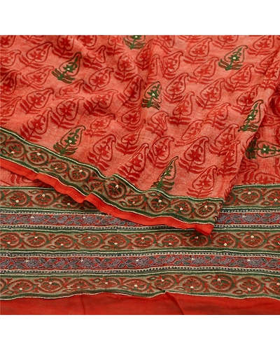 Sanskriti Vintage Sarees Red Embroidered Pure Geogette Silk Printed Sari Fabric, PRG-11801-Red-Printed Floral Design-Pure Georgette Silk-7