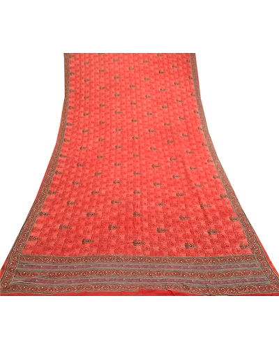 Sanskriti Vintage Sarees Red Embroidered Pure Geogette Silk Printed Sari Fabric, PRG-11801-Red-Printed Floral Design-Pure Georgette Silk-8