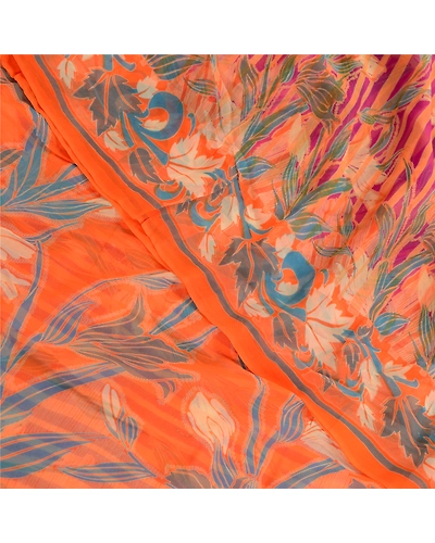 Sanskriti Vintage Sarees Indian Orange Blend Geogette Printed Sari Craft Fabric, PRG-11806-Orange-Printed Floral Design-Blend Georgette-1
