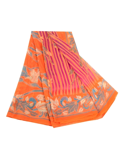 Sanskriti Vintage Sarees Indian Orange Blend Geogette Printed Sari Craft Fabric, PRG-11806-Orange-Printed Floral Design-Blend Georgette-2